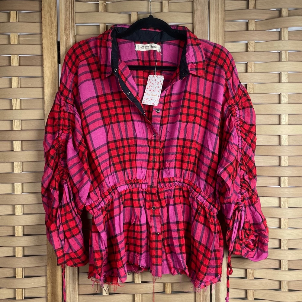 FREE PEOPLE WOOL Pacific Dawn Plaid Distressed Dolman Button Down
